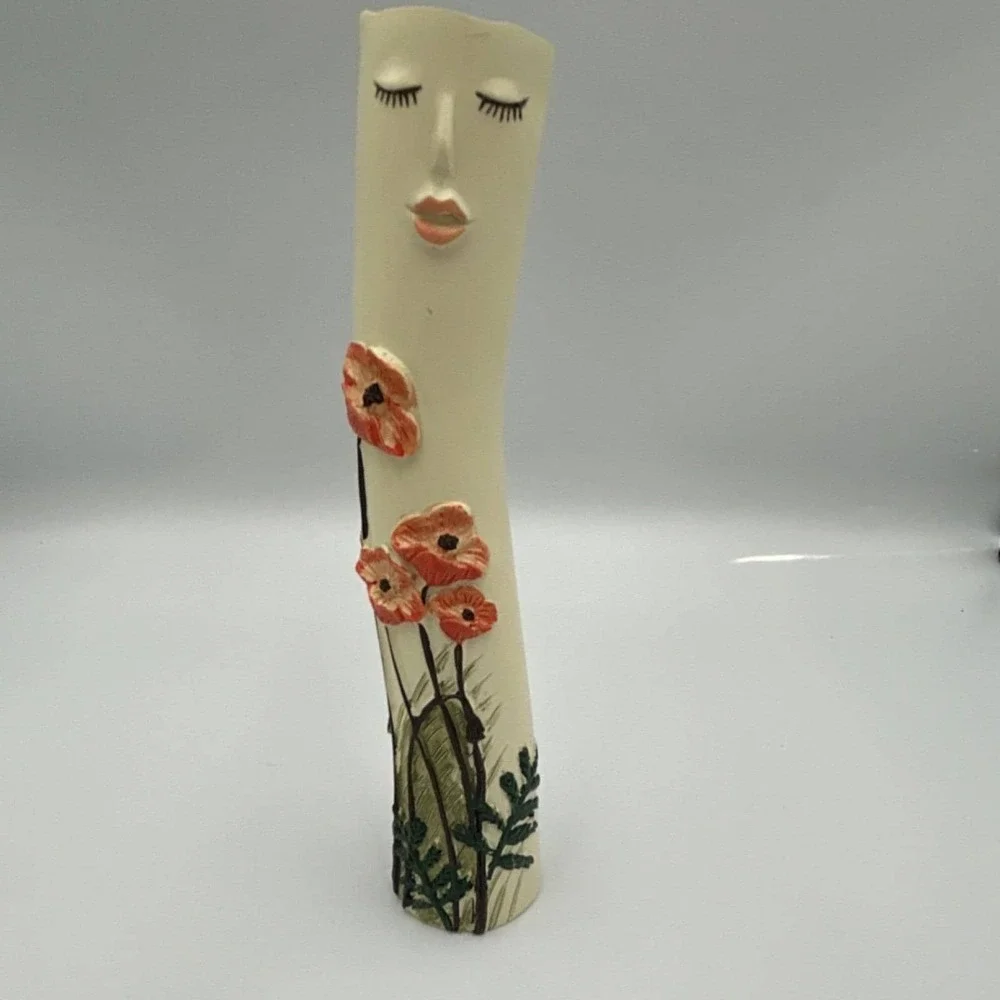 Set of 3 Modern Floral Face Vases, Cream Orange Blue Green, Matte Finish